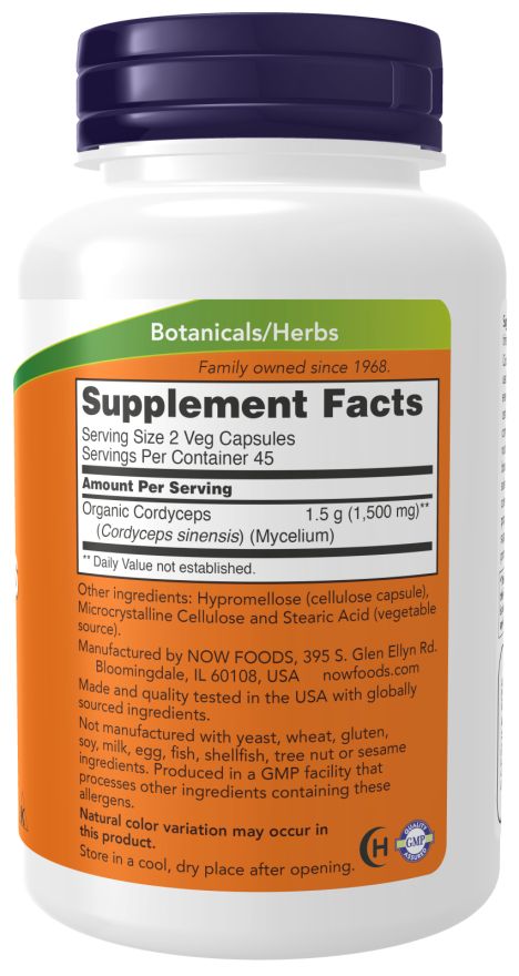 Rückseite der Flasche. Orangefarbenes Etikett mit Informationen zu Inhaltsstoffen und Nährwerten. Marke: NOW. Text: Supplement Facts.