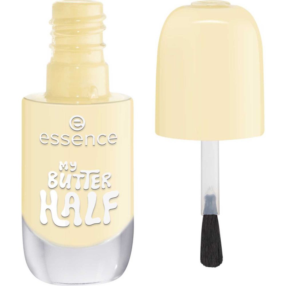 Nagellackflasche, geöffnet, hellgelb. Bürste sichtbar. Aufschrift: essence, My Butter Half.
