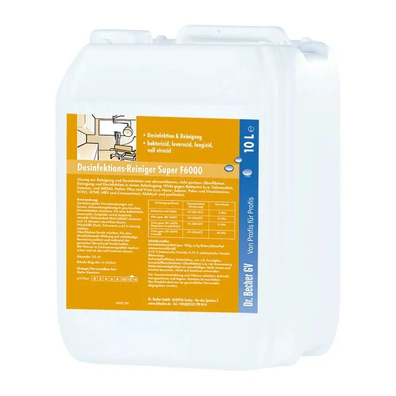 Weißer Kanister mit Etikett. Aufschrift: Desinfektions-Reiniger Super F6000. Blaue und gelbe Details. 10 L.
