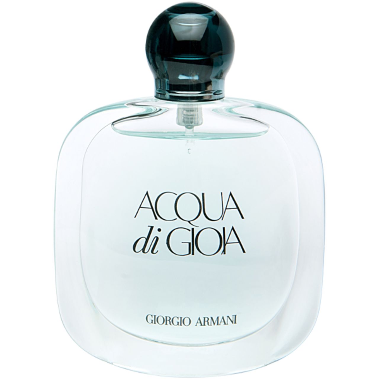 Runder Flakon mit schwarzem Verschluss. Aufschrift: ACQUA di GIOIA, Giorgio Armani.