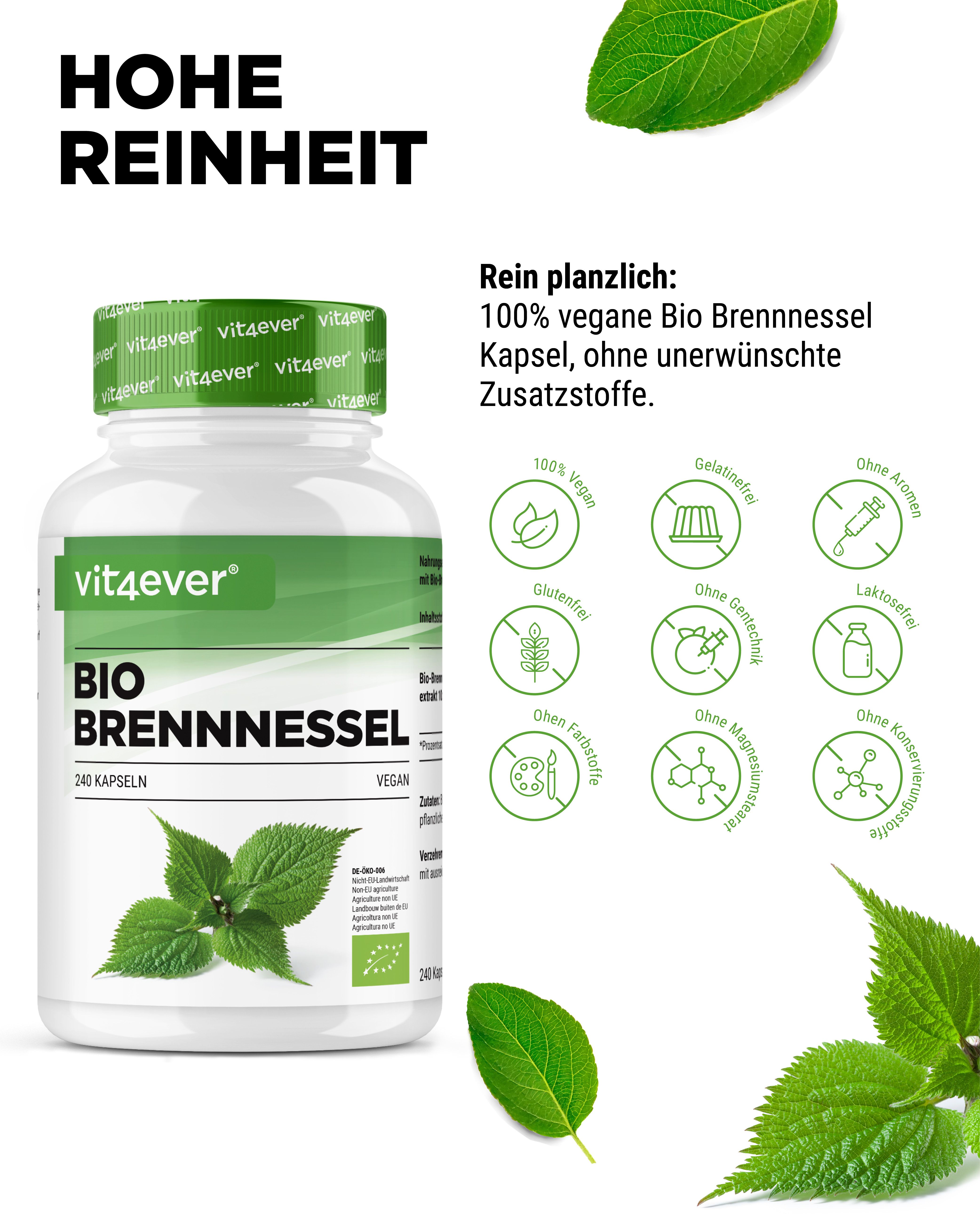 Flasche mit grünem Deckel. Aufschrift: vit4ever, BIO BRENNNESSEL, 240 Kapseln. Logos: vegan, Bio-Siegel. Text: Hohe Reinheit.