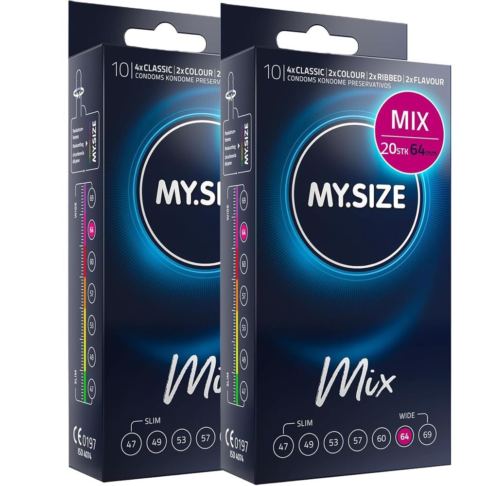 Zwei Packungen MY.SIZE Mix Kondome, 20 Stück, 64mm. Zeigt verschiedene Größen und Typen.