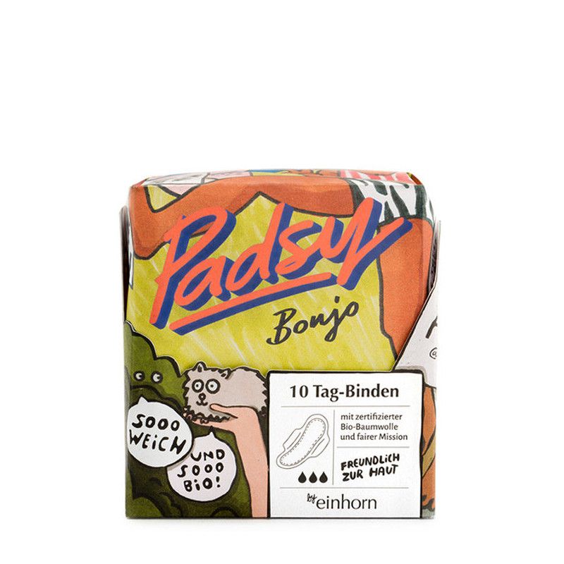 Verpackung von Padsy Bonjo Menstruationsbinden. Aufdruck: 10 Tag-Binden, Bio-Baumwolle, freundlich zur Haut. Marke: einhorn.