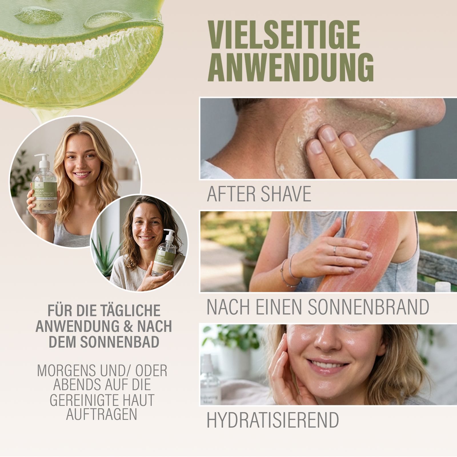Collage mit Enolenia® Aloe Vera Gel Flasche, Frauen und Anwendungshinweisen.