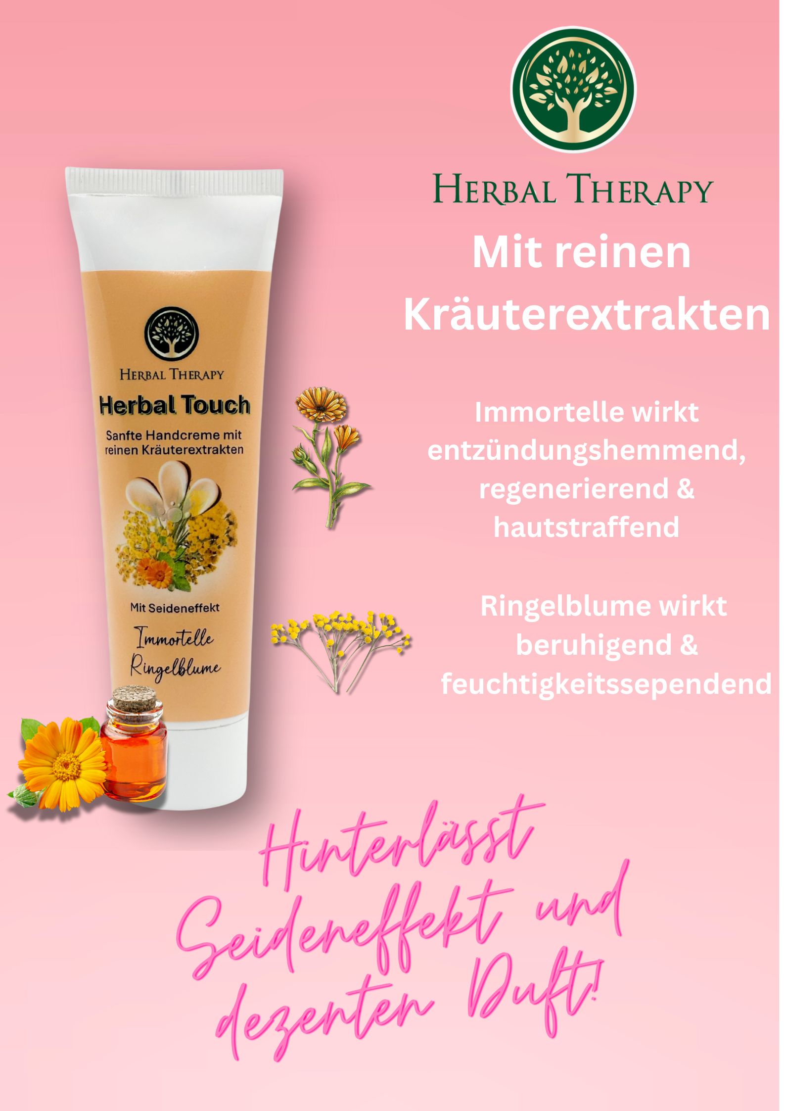 Creme-Tube mit gelbem Hintergrund. Text: Herbal Therapy, Herbal Touch, Sanfte Handcreme mit Kräuterextrakten. Abbildung von Blüten und Öl.