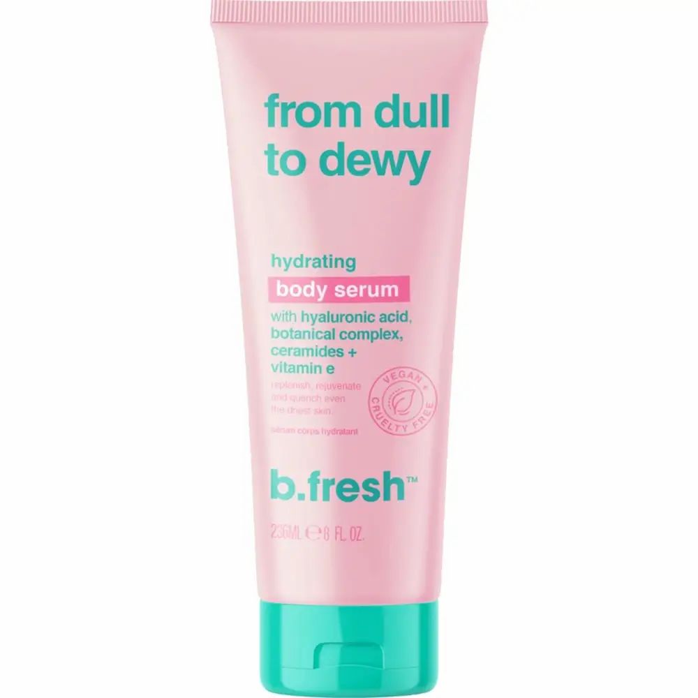 Rosa Tube mit türkis Verschluss. Aufschrift: From Dull To Dewy, hydrating body serum. Vegan-Siegel. B.fresh Logo.
