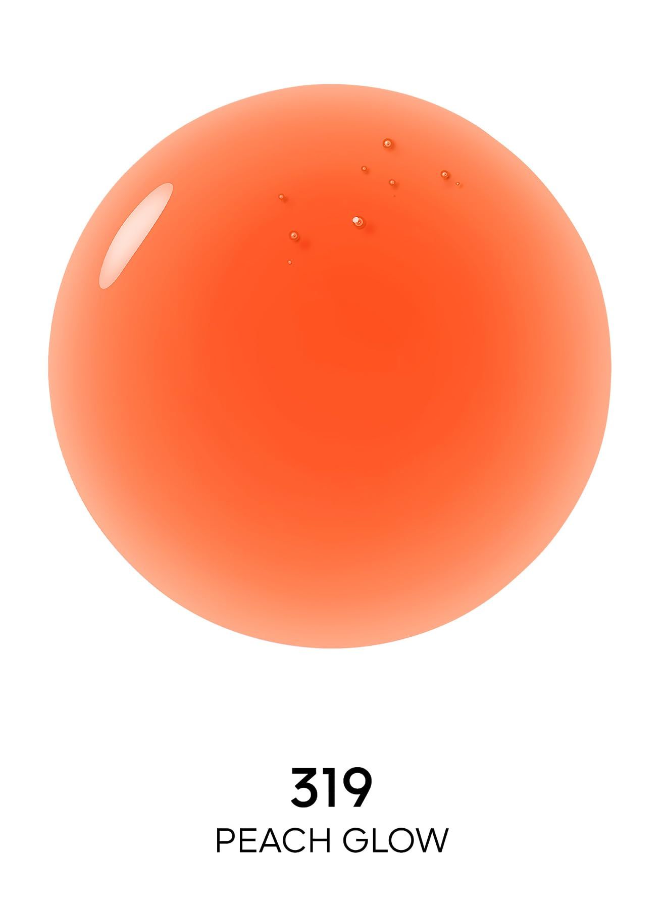 Kugel mit orangefarbenem Produkt. Text: „319 PEACH GLOW“.
