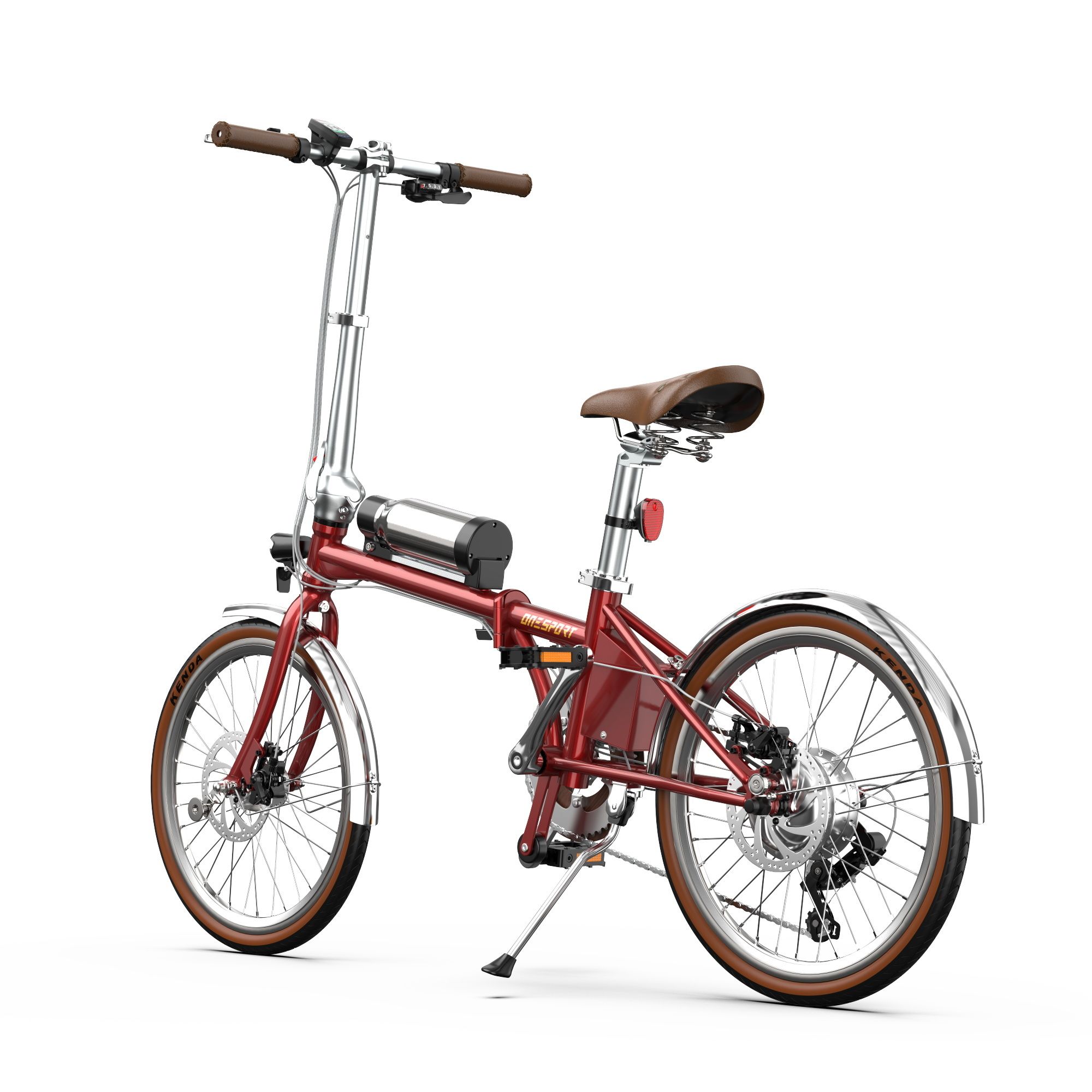 Rotes, faltbares E-Bike. 20-Zoll-Räder, braune Reifen und Sattel. Silberne Schutzbleche. Akku am Rahmen.