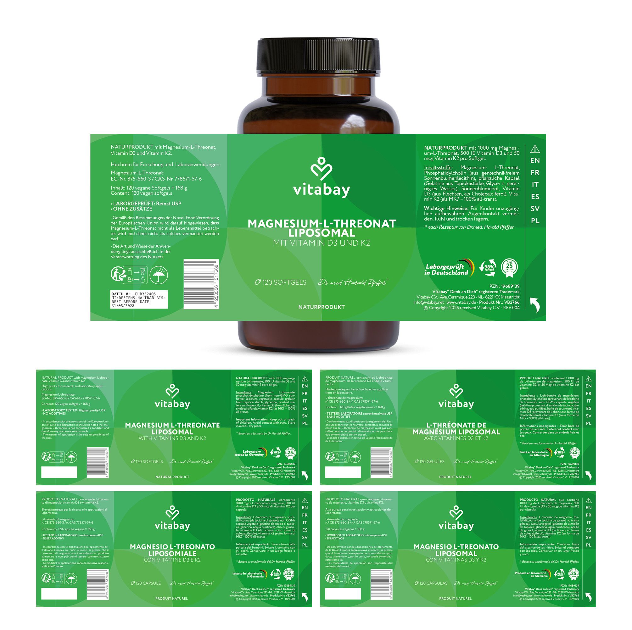 Eine braune Flasche mit Etiketten in verschiedenen Sprachen. Aufschrift: Magnesium L-Threonat Liposomal, Vitamin D3 und K2.