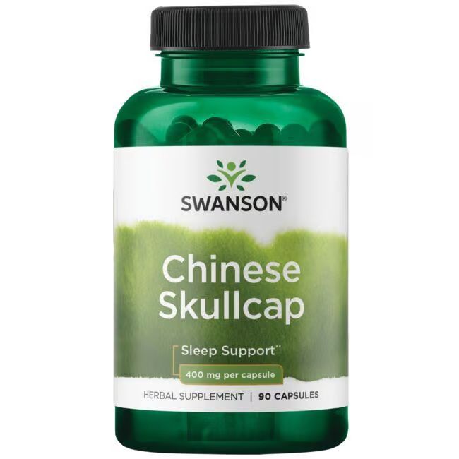 Grüne Flasche mit schwarzen Deckel. Etikett mit "SWANSON", "Chinese Skullcap", "Sleep Support" und "400 mg per capsule".