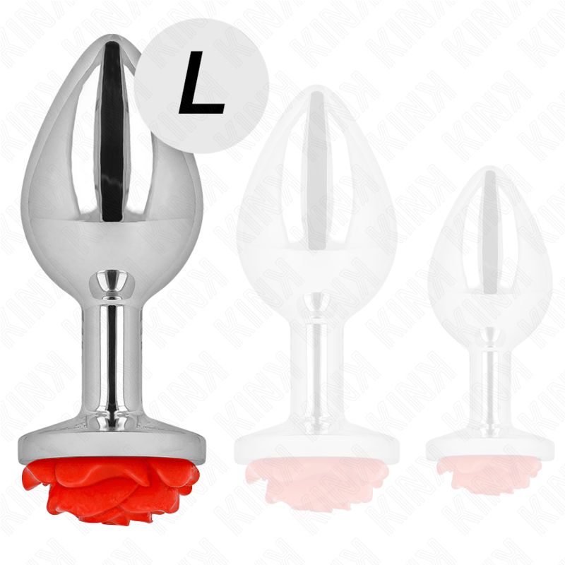 Größenvergleich von drei Analplugs mit roter Rosen-Basis; L markiert.