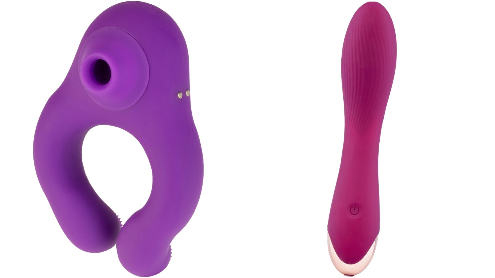 Zwei Produkte: lila Ring mit Öffnung und pinkfarbener Vibrator. Beide aus Silikon.