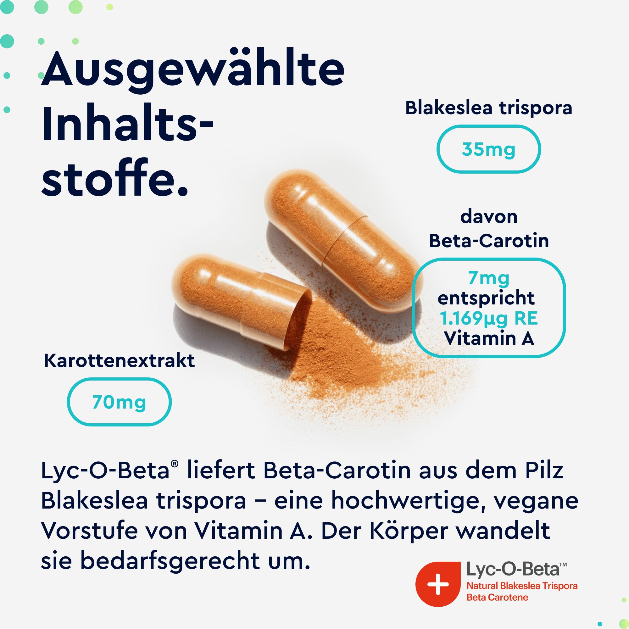 Zwei orangefarbene Kapseln und Pulver. Text: Karottenextrakt 70mg, Beta-Carotin 7mg. Lyc-O-Beta liefert Beta-Carotin.