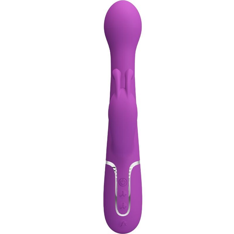Lila Kaninchen-Vibrator, Vorderansicht mit silbernen Bedienelementen.