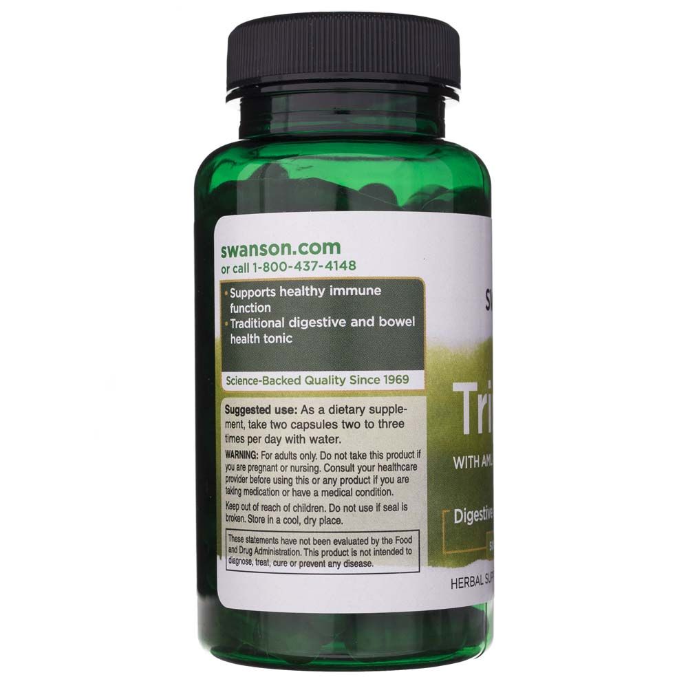 Rückseite einer Dose SWANSON Triphala mit Anwendungshinweisen und Warnungen.