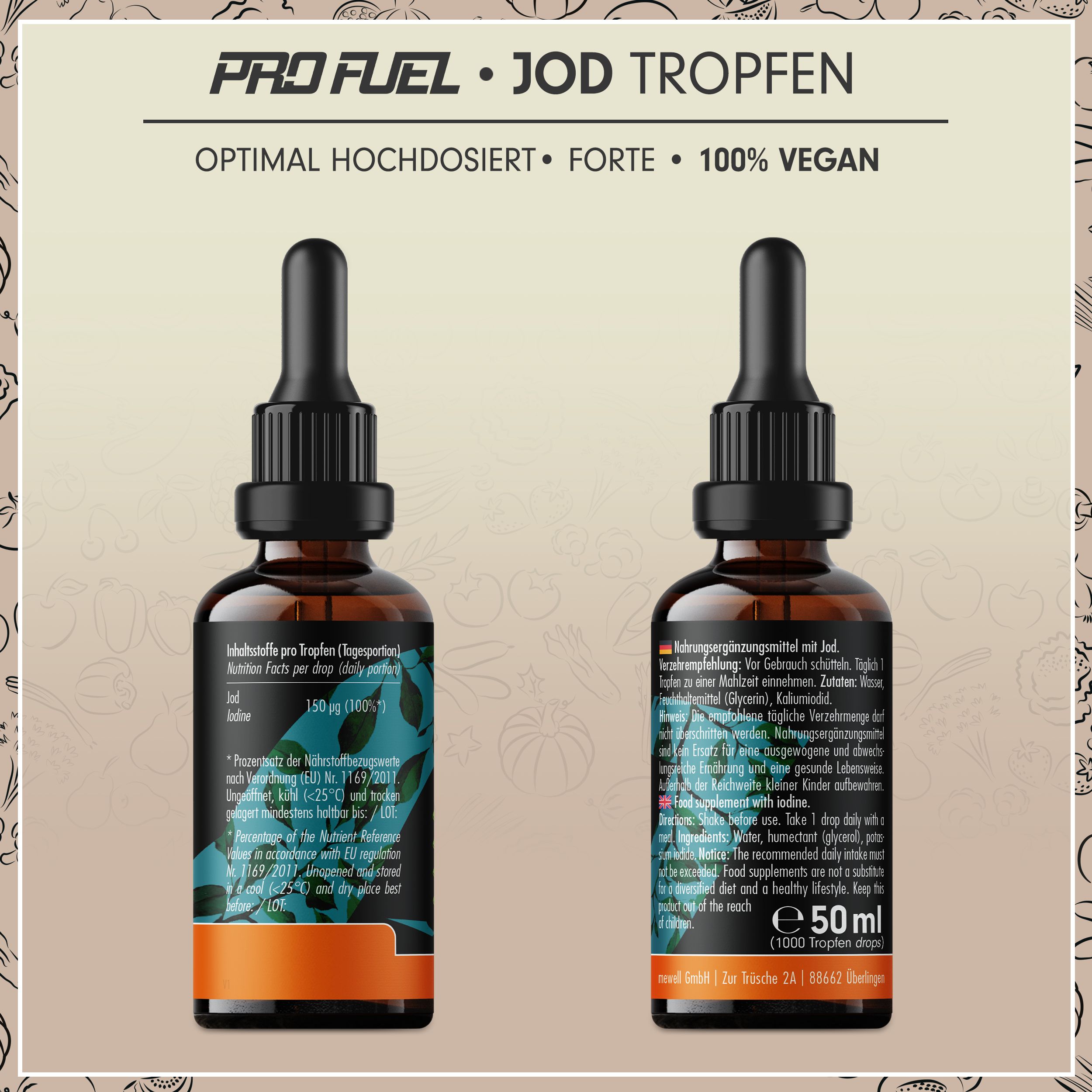 Zwei Flaschen Jod Tropfen Forte. Aufschrift: 150 µg Jod pro Tropfen, 1000 Tropfen. Text: Nahrungsergänzungsmittel. Logo: ProFuel.