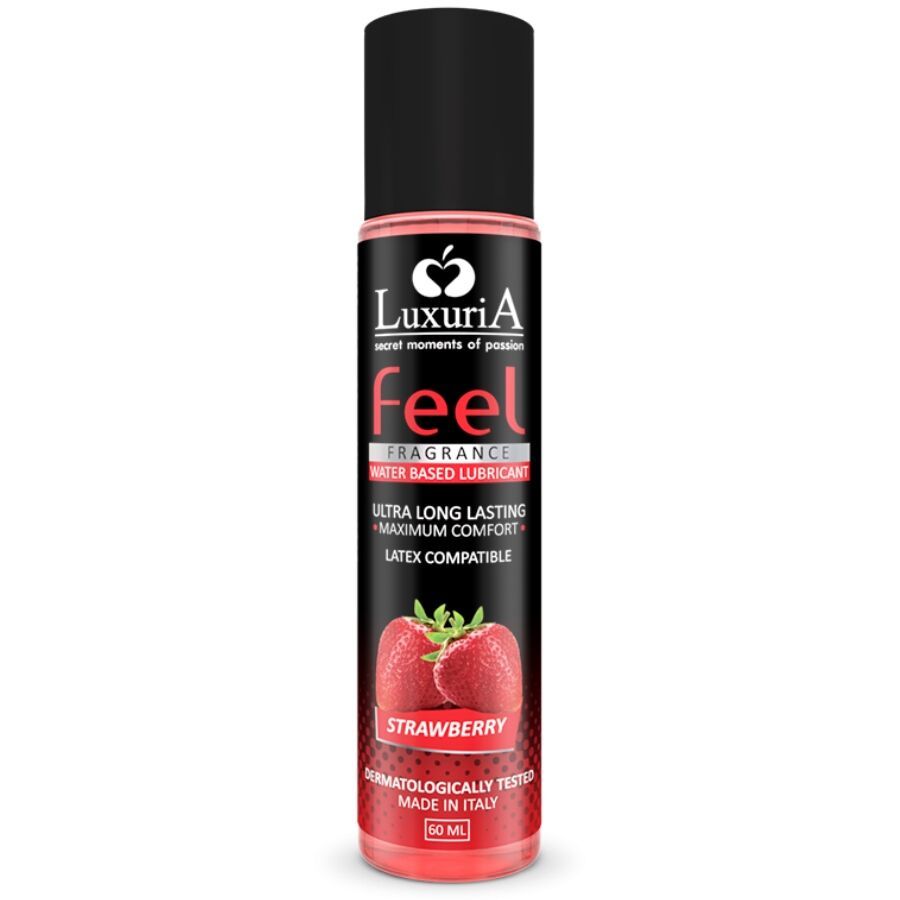 Flasche mit schwarzem Deckel. Aufschrift: LuxuriA, feel, Erdbeer-Aroma, wasserbasiert, ultra-lang anhaltend, maximaler Komfort, latexfreundlich. Erdbeer-Abbildung.
