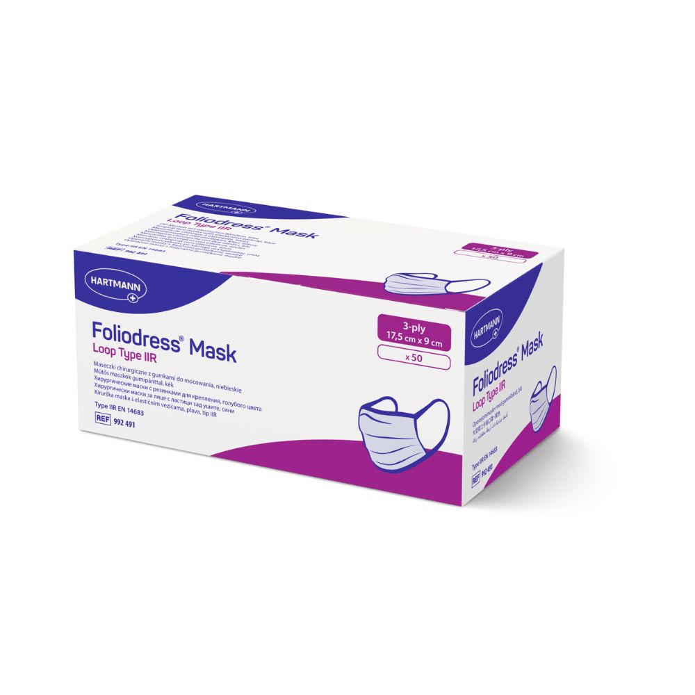 Verpackung von Hartmann Foliodress Maske. Aufdruck: Loop Type IIR, 3-lagig, 17,5 cm x 9 cm, +50. Lila und weiße Box.