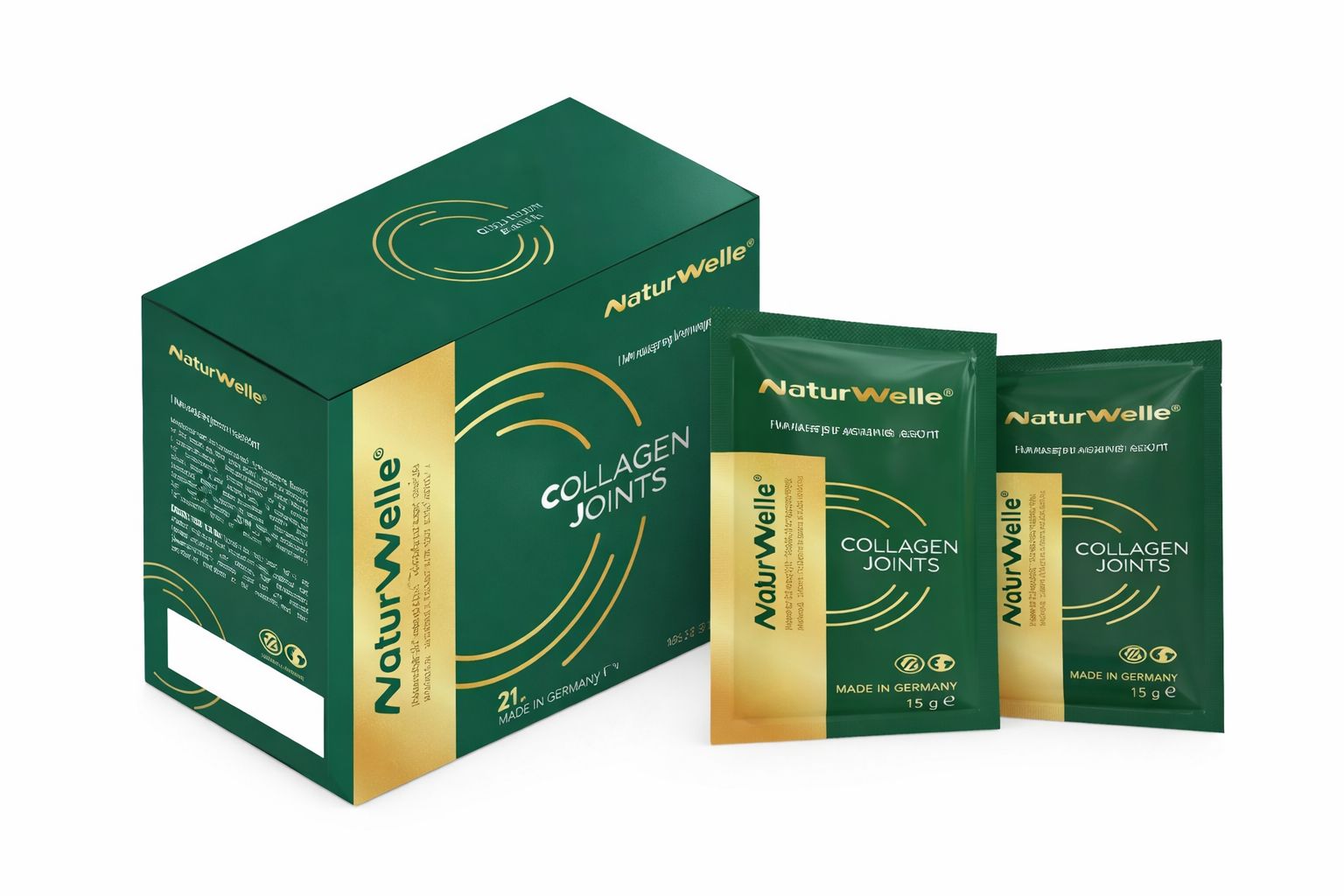 Produktverpackung von NaturWelle Collagen Joints. Enthält 21 Sachets. Einzelne Sachets sind ebenfalls sichtbar.