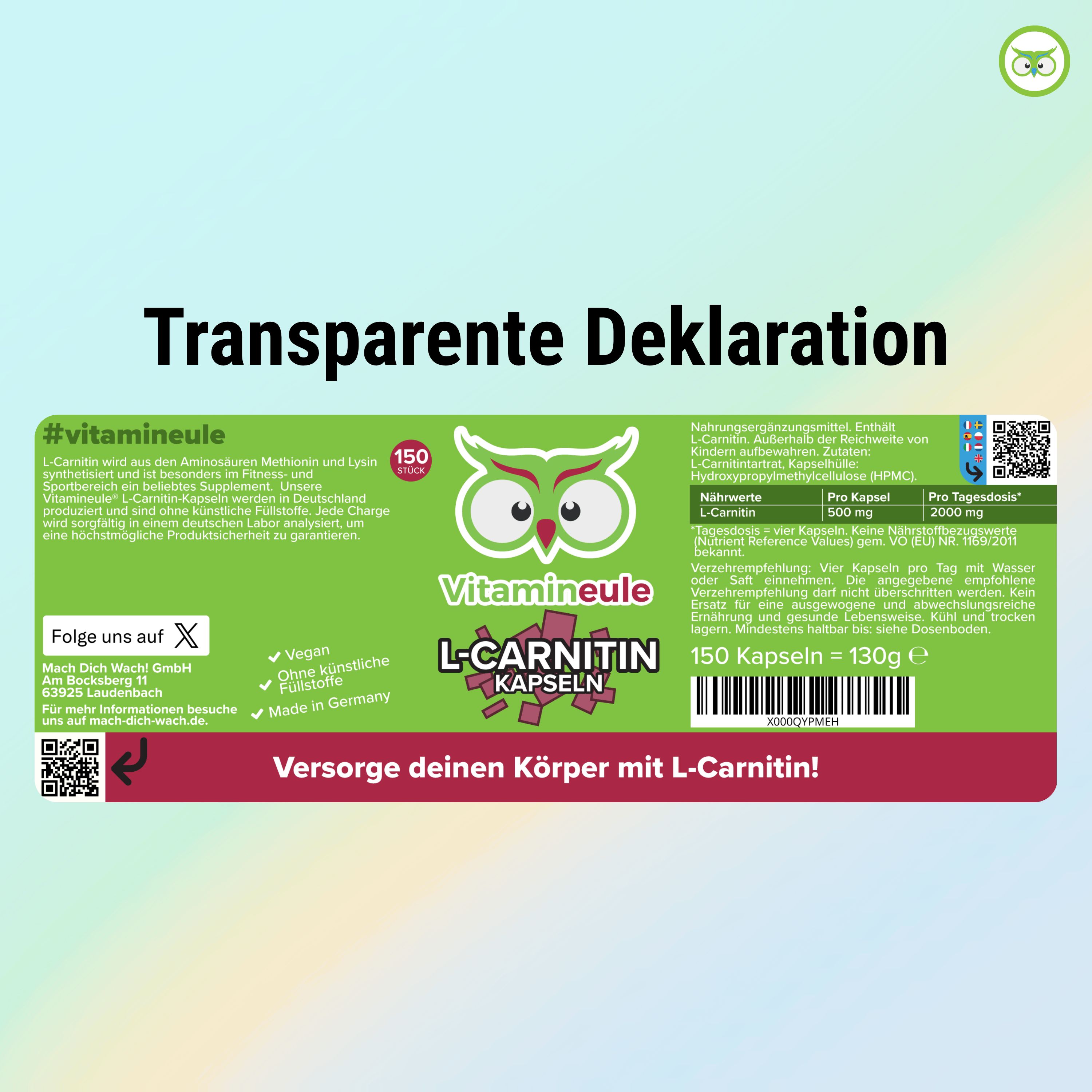 Rückseite der Flasche. Aufschrift: Vitamineule, L-Carnitin Kapseln, 150 Kapseln. Nährwertangaben, Inhaltsstoffe, QR-Code, Vegan, Made in Germany.