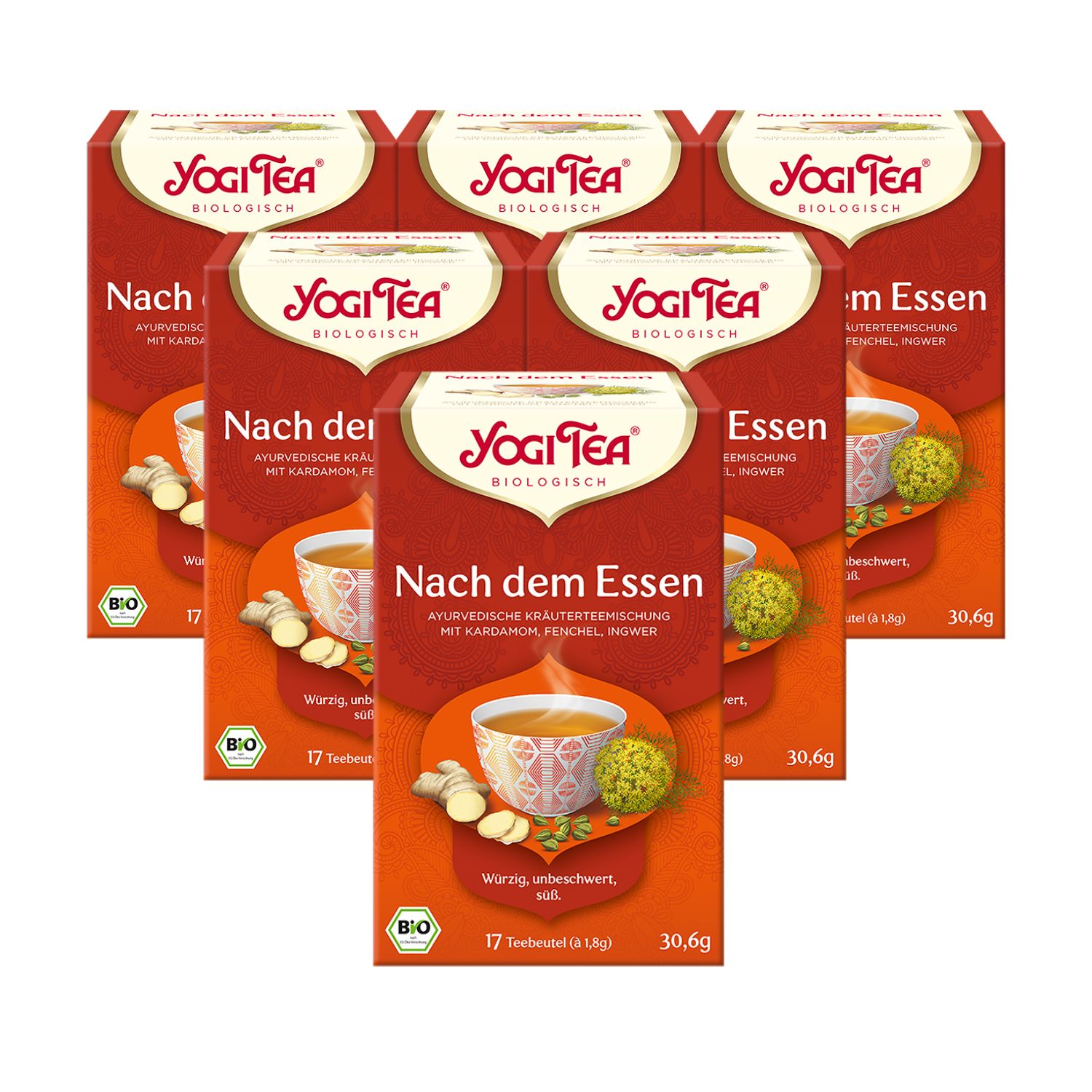 Mehrere Packungen Yogi Tea Nach dem Essen. Rote Verpackung mit Logo und Produktbezeichnung. Bio-Siegel.
