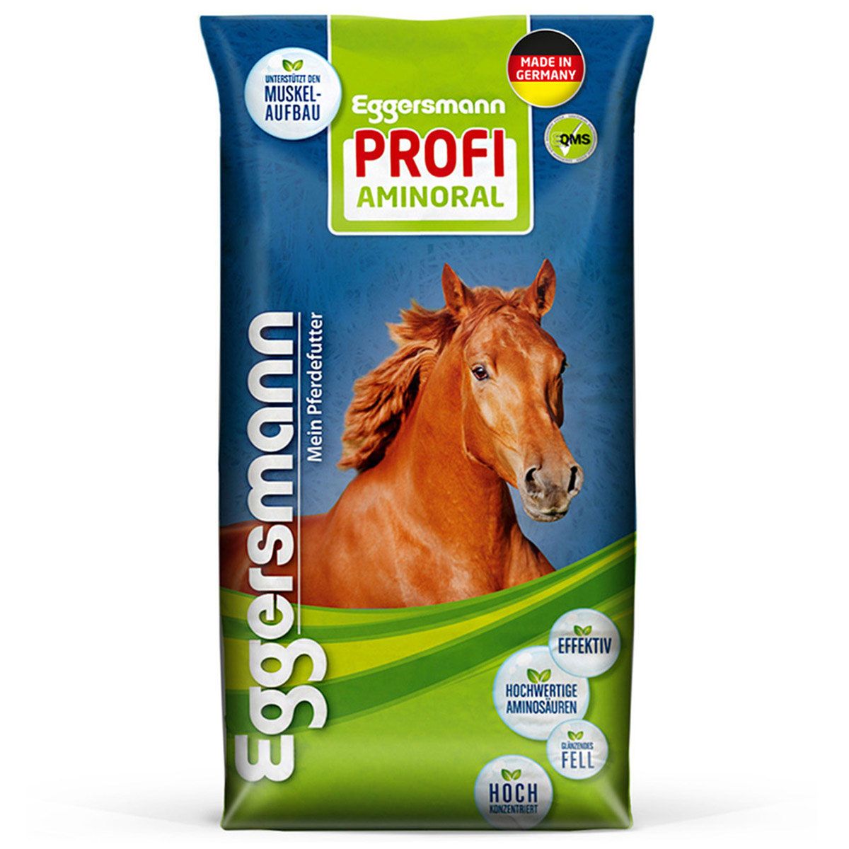Eggersmann Profi Aminoral Pferdefutter-Sack mit Pferdekopf-Illustration. "Made in Germany" Siegel.