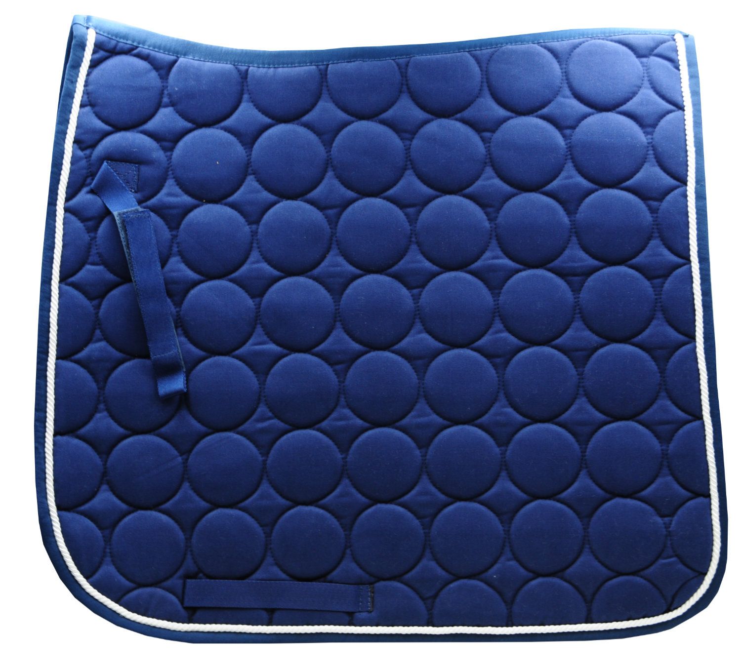 Blaue Dressurschabracke mit weißer Kordel und runder Steppung. Schlaufen für Sattelgurt und Sattelblatt.