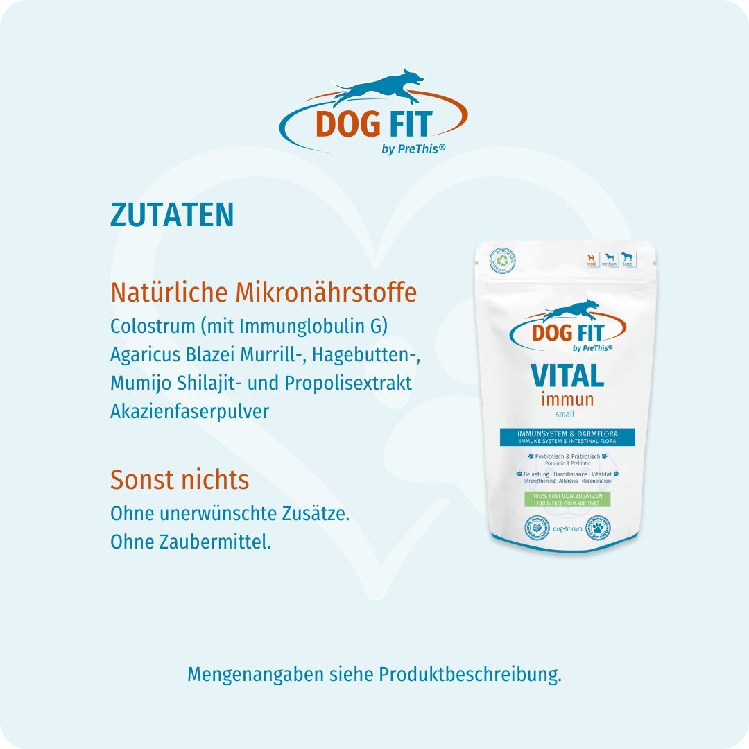 Produktverpackung mit Text: VITAL immun. Zutaten: Colostrum, Agaricus, Hagebutten, Mumijo, Akazienfaserpulver.