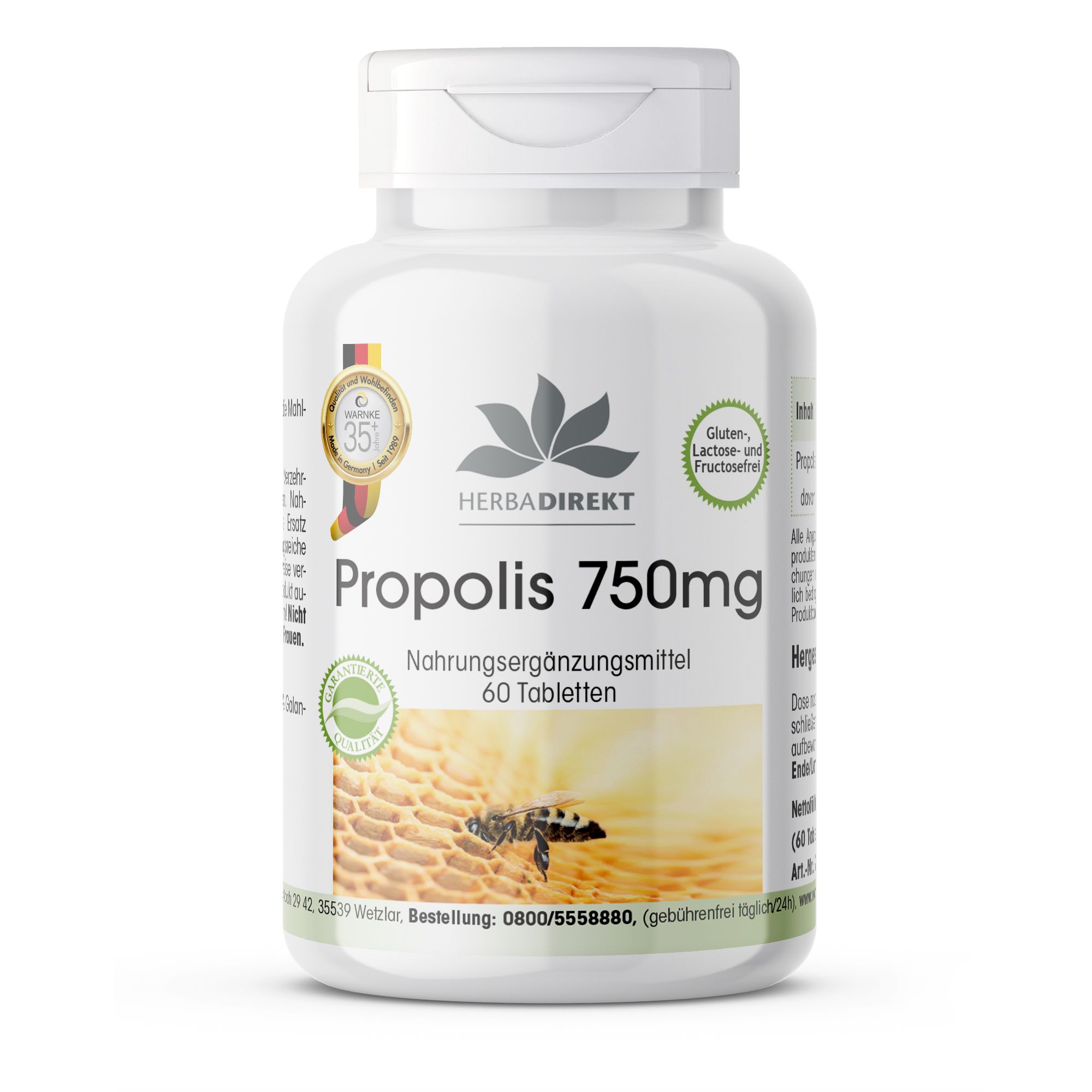 Weiße Tablettenflasche mit Aufschrift "Propolis 750mg". Logo und Siegel. 60 Tabletten. Herba Direkt. Gluten-, Lactose- und Fructosefrei.
