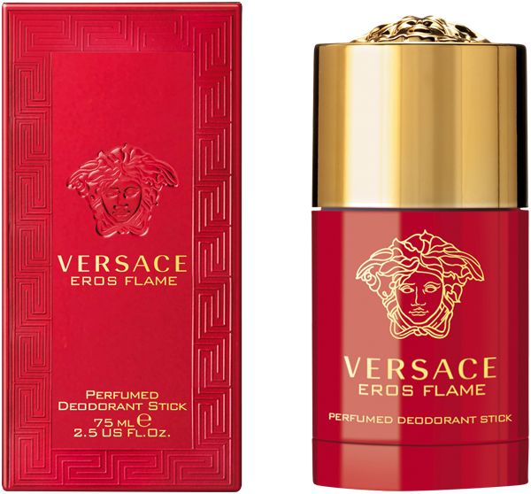 Roter Deostift und Verpackung. Goldfarbene Kappe. Marke und Produktname aufgedruckt. 75 ml.
