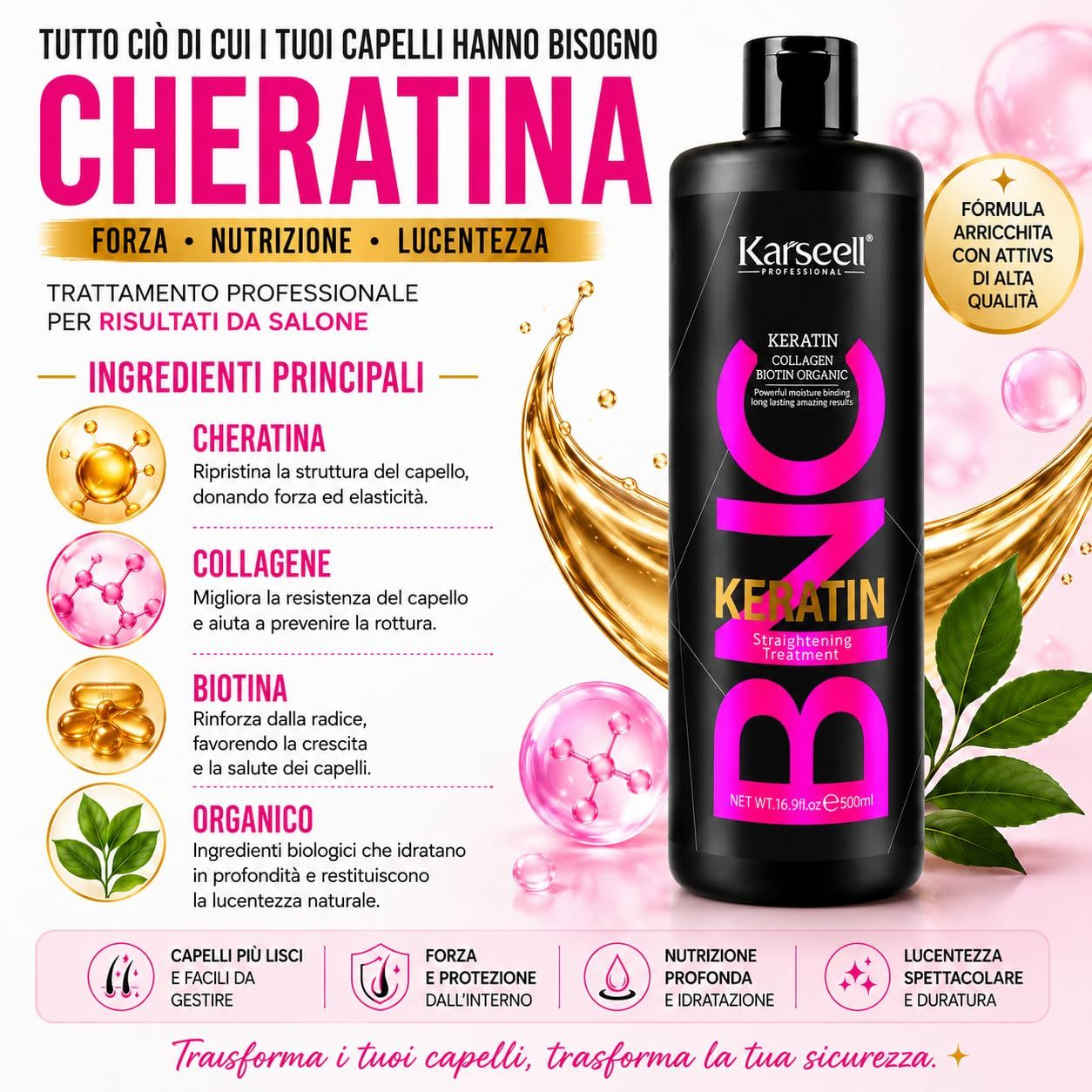 Schwarze Flasche mit Karseell Keratin, Kollagen und Biotin Haarglättungsbehandlung, 500ml.