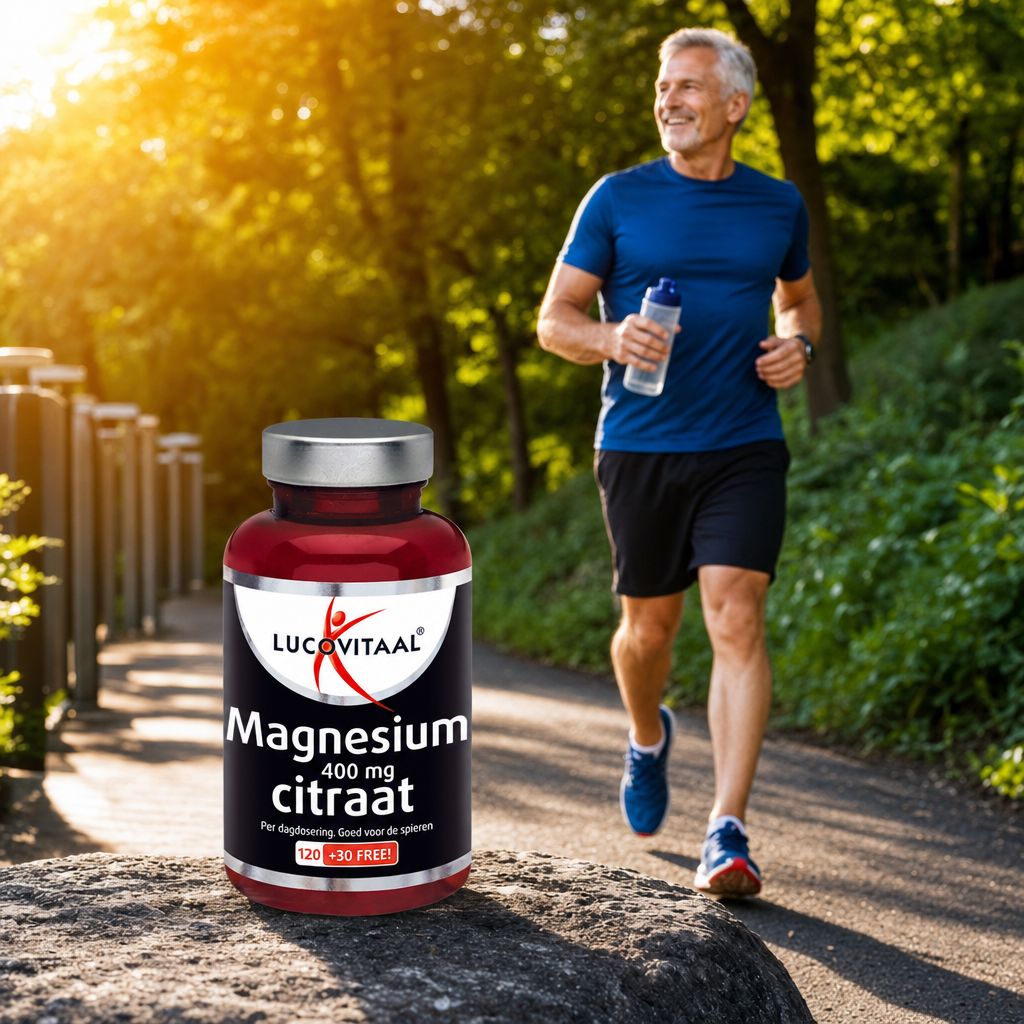 Ein Mann läuft im Freien, neben ihm steht eine Flasche Magnesiumcitrat-Tabletten.