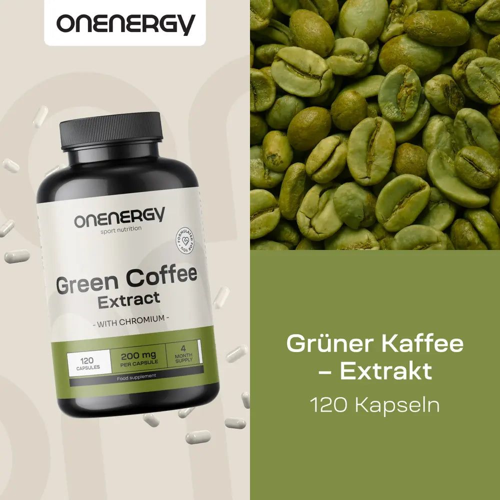 Flasche OnEnergy Grüner Kaffee Extrakt, 120 Kapseln. Grüne Kaffeebohnen im Hintergrund.