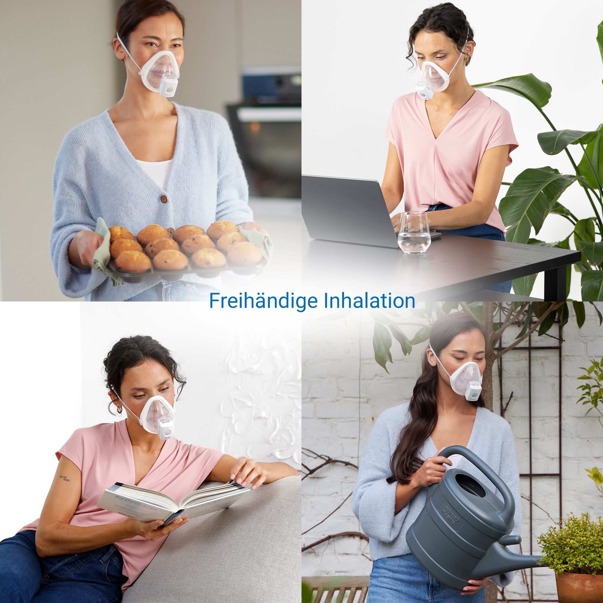 Medisana IN 700 Inhalator: Frau mit Maske am Laptop, Frau mit Maske beim Brotbacken, Frau mit Maske beim Lesen, Frau mit Maske beim Gießen.