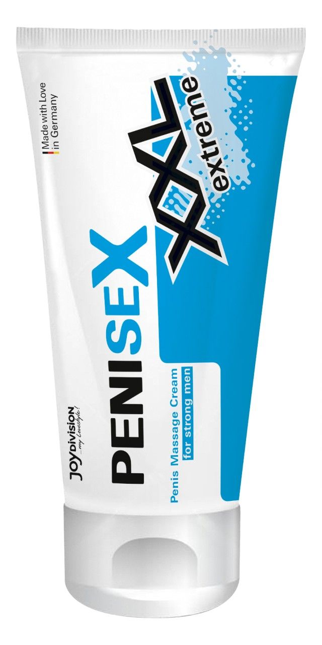 Weiße Tube mit blauem Streifen. Schriftzug PENISEX XXL extreme. Text: Penis Massage Cream for strong men. Logo: Joydivision.