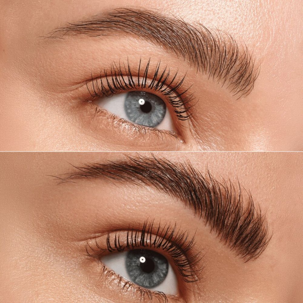 Nahaufnahme von Augenbrauen vor und nach der Anwendung. Obere Augenbrauen ungeformt, untere Augenbrauen geformt.