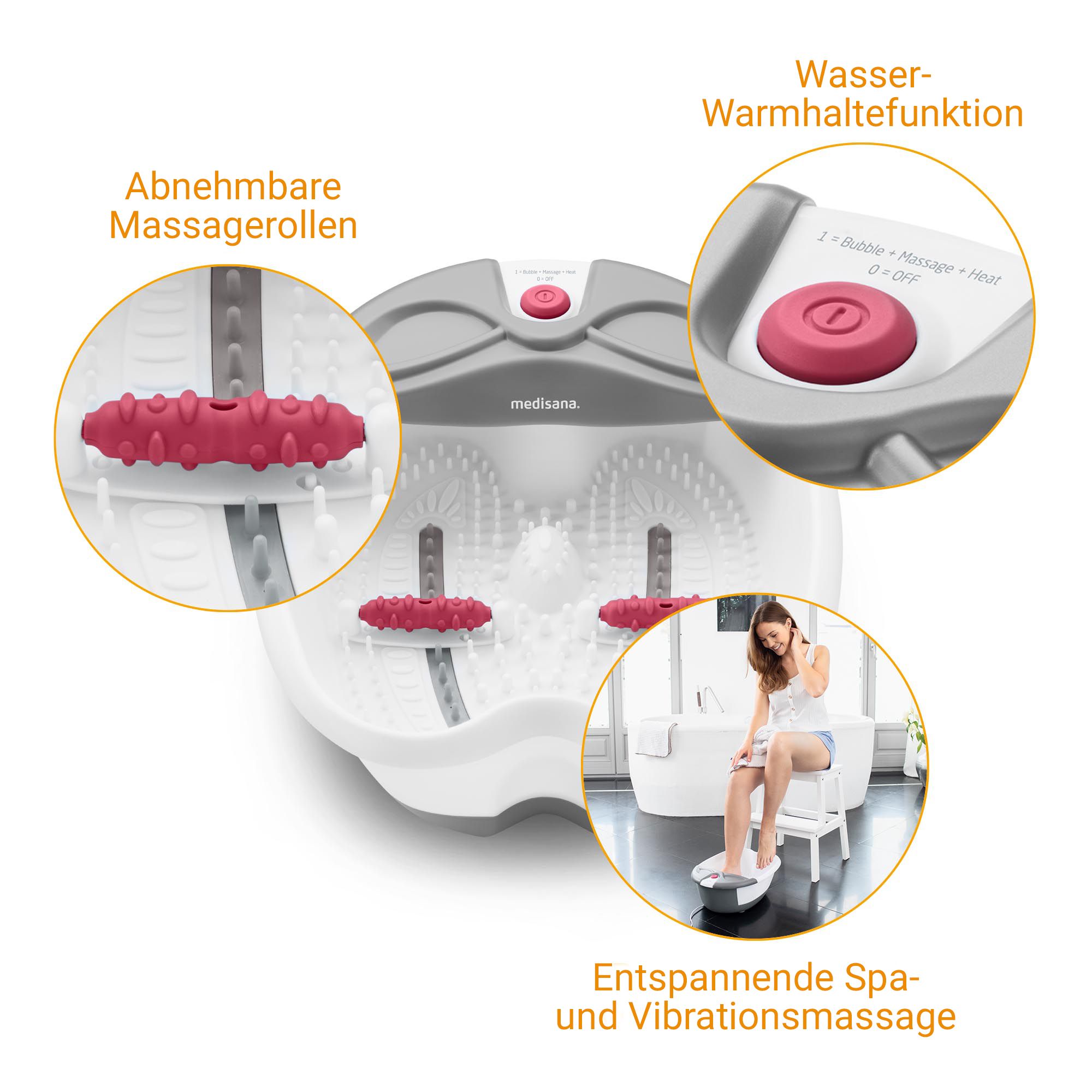 Medisana Fußsprudelbad: abnehmbare Massagerollen, Wasser-Warmhaltefunktion, Sprudelmassage.