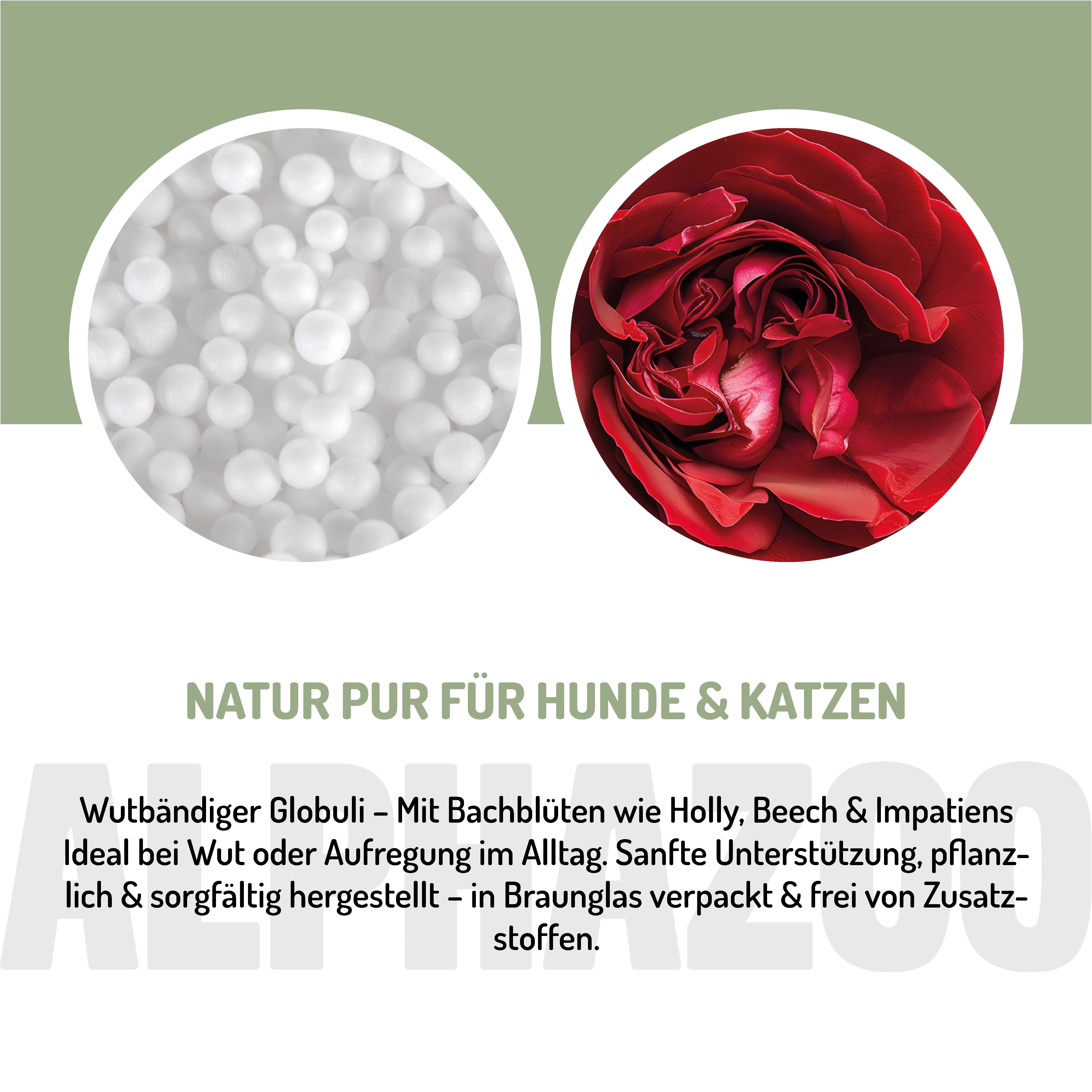 Globuli und rote Rose. Text: Natur pur für Hunde & Katzen. Globuli mit Bachblüten wie Holly, Beech & Impatiens. In Braunglas verpackt.