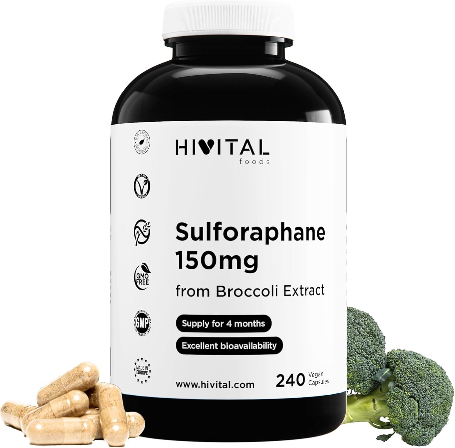 Schwarze Flasche mit weißem Deckel. Aufschrift: HIVITAL, Sulforaphan 150mg, 240 Kapseln. Neben Broccoli-Röschen und Kapseln.