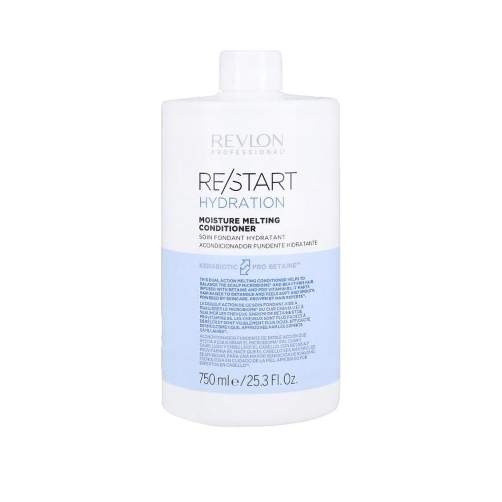 Weißer Conditioner-Behälter mit blauem Etikett. Aufschrift: Revlon Re-Start Hydration Conditioner. 750 ml.