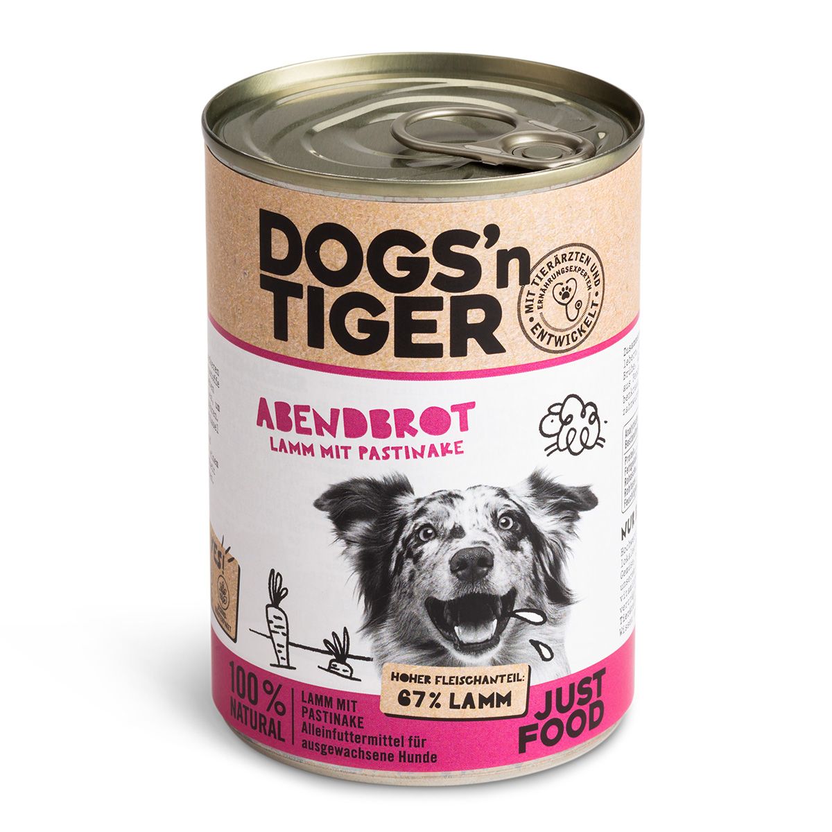 Hundefutterdose mit dem Logo Dogs'n Tiger. Aufschrift 'ABENDBROT' und 'LAMM MIT PASTINAKE'. 67% Lammfleischanteil. 100% natürlich.