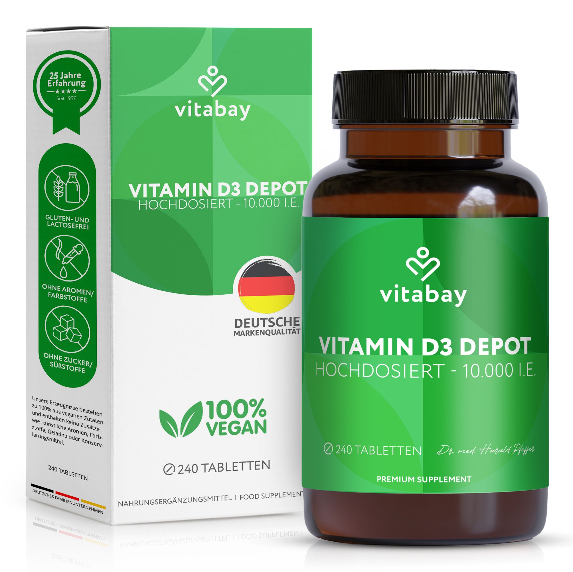 Vitabay Vitamin D3 Depot 10.000 I.E. Tabletten in Flasche und Schachtel. Braune Flasche, grüne Etiketten. Schachtel mit grüner Aufschrift.
