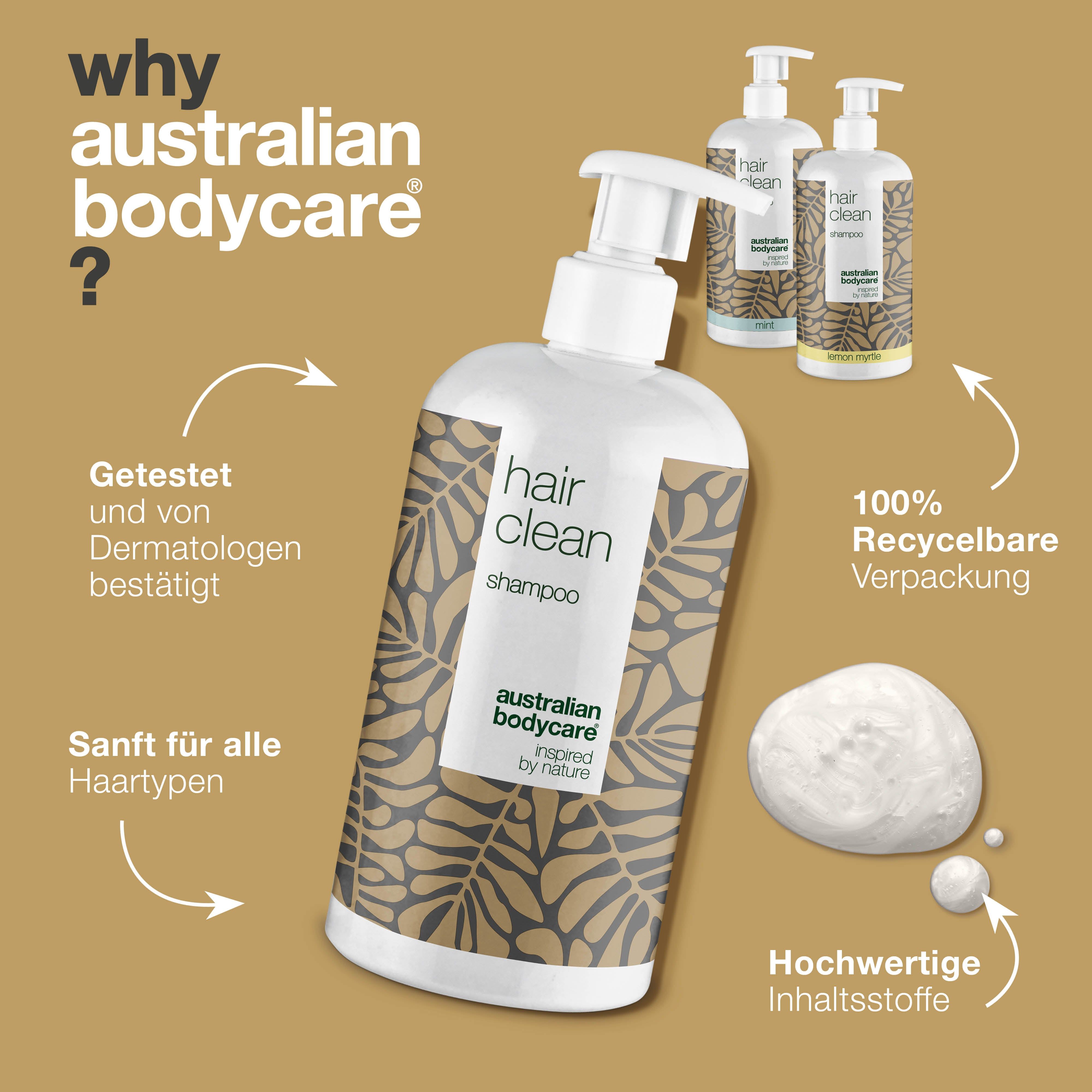 Drei Shampooflaschen: Hair Clean Shampoo. Text: Australian Bodycare. 100% recycelbare Verpackung. Hochwertige Inhaltsstoffe.