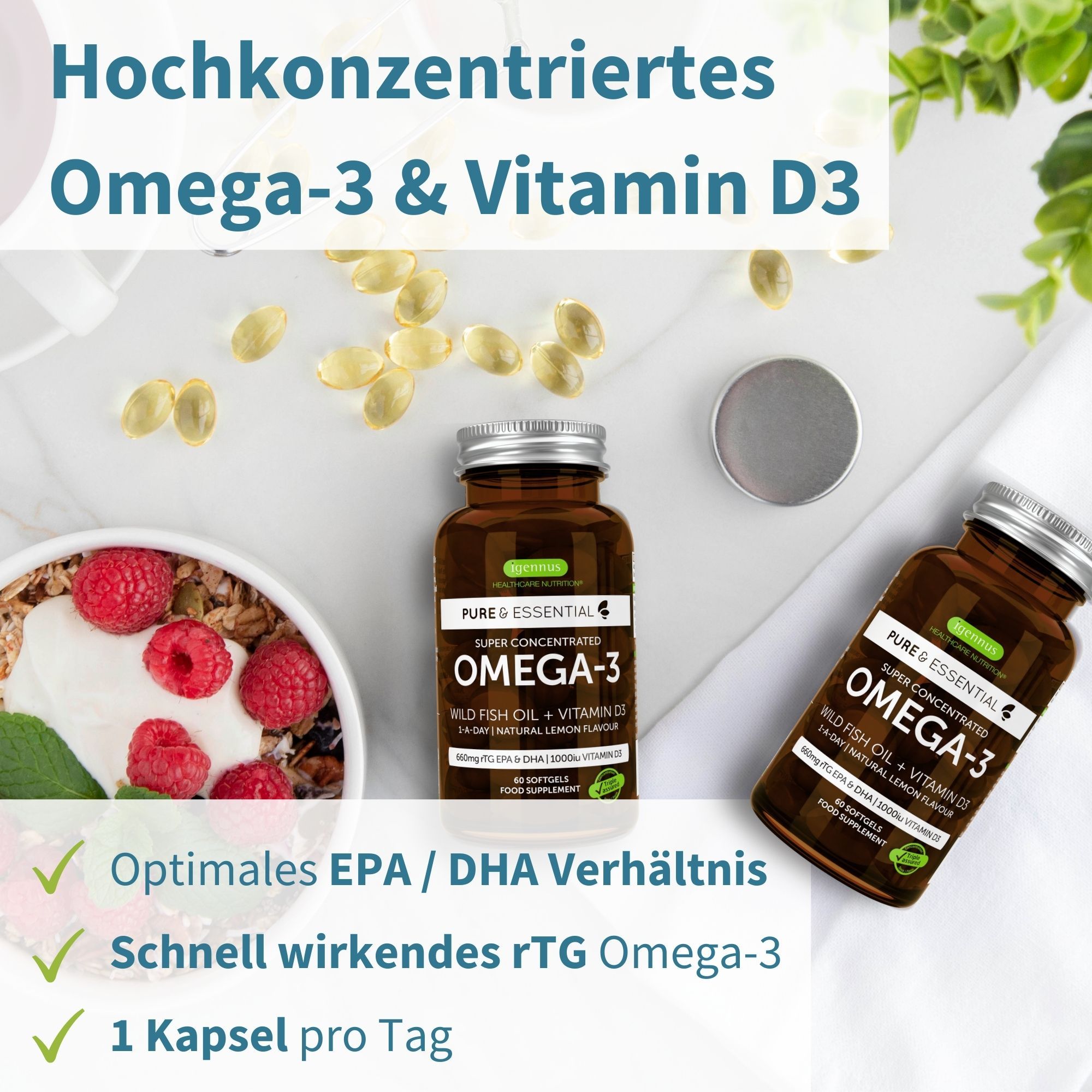 Braune Flasche mit Kapseln. Text: Omega-3 & Vitamin D3. Optimale EPA/DHA. Schnell wirkendes rTG Omega-3. 1 Kapsel pro Tag.