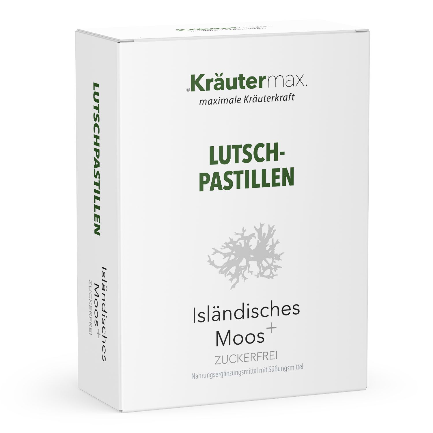 Weiße Schachtel Kräutermax Lutschpastillen. Aufschrift: Isländisches Moos plus, zuckerfrei. Produktansicht im Dreiviertel-Winkel.