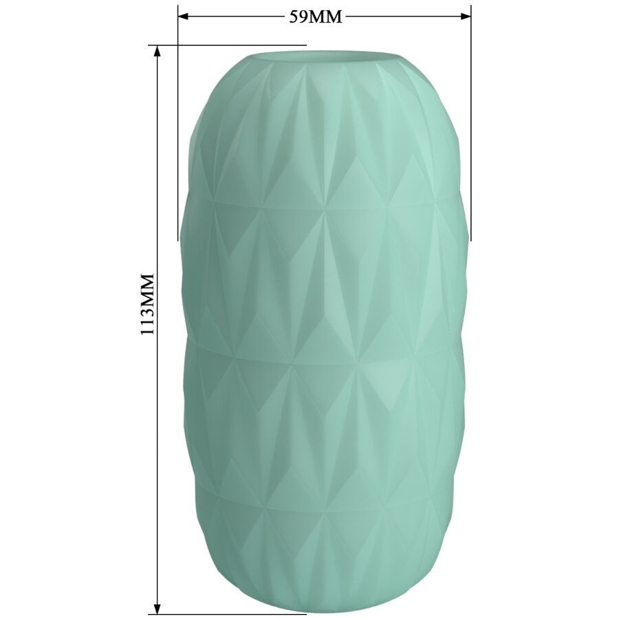Mintgrüner Masturbator mit Maßen: 113mm Länge, 59mm Durchmesser.