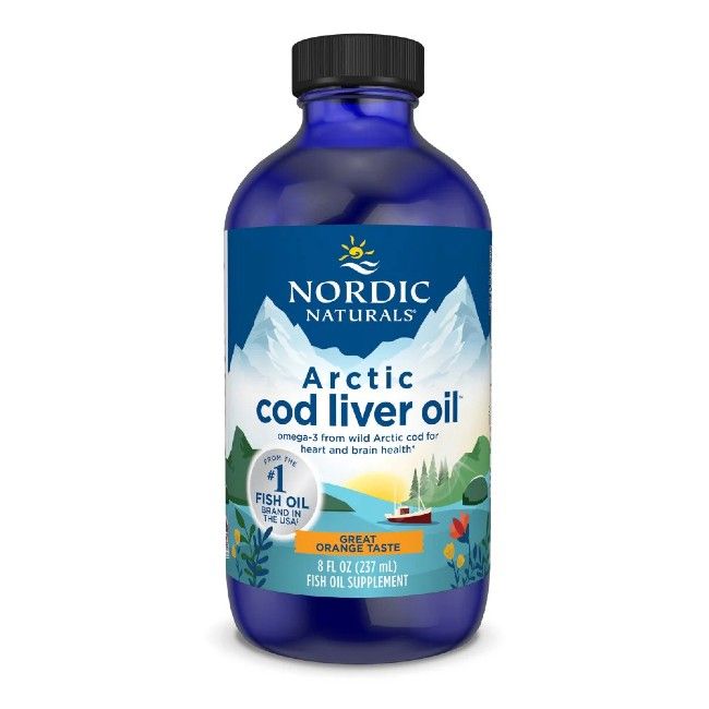 Blaue Flasche mit schwarzem Deckel. Etikett mit Logo und Text: Arctic cod liver oil. 8 fl oz (237 ml).