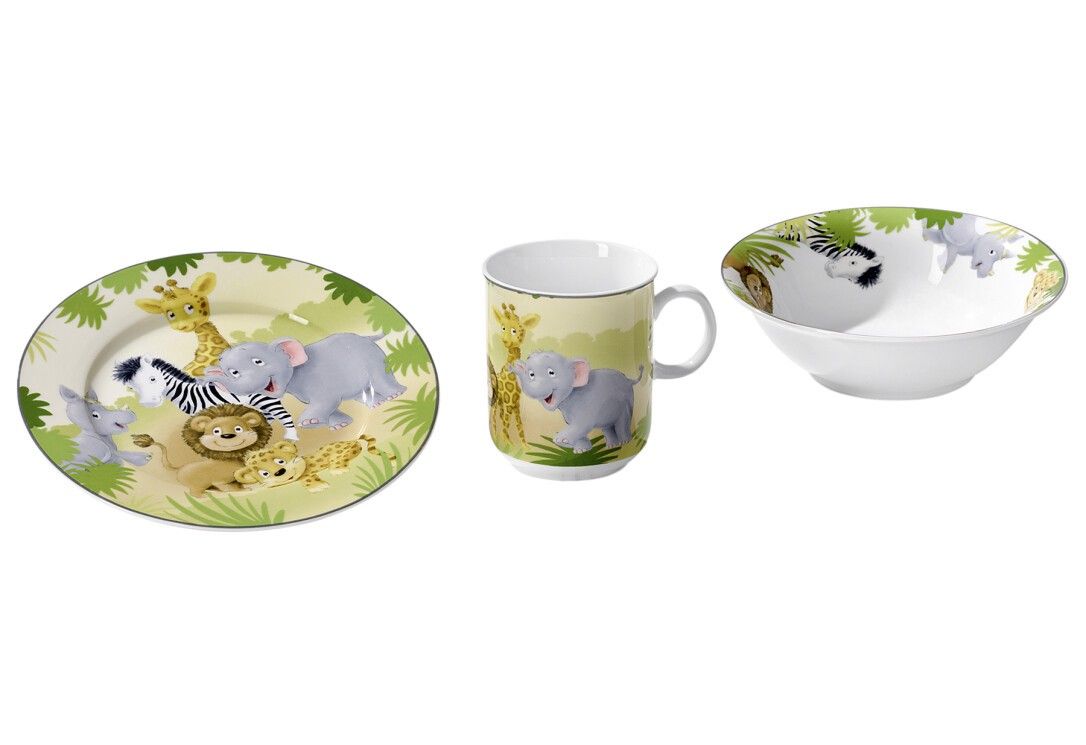 Kindergeschirr-Set mit Teller, Tasse und Schüssel. Afrikatiere-Dekor mit Giraffe, Elefant, Zebra und Löwe. Weißes Porzellan.