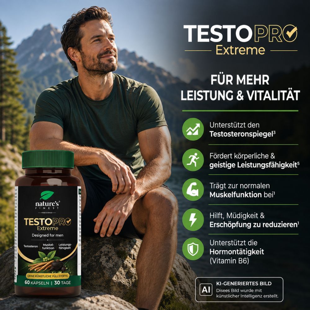 Mann mit Flasche Nature's Finest TestoPRO Extreme in Berglandschaft.