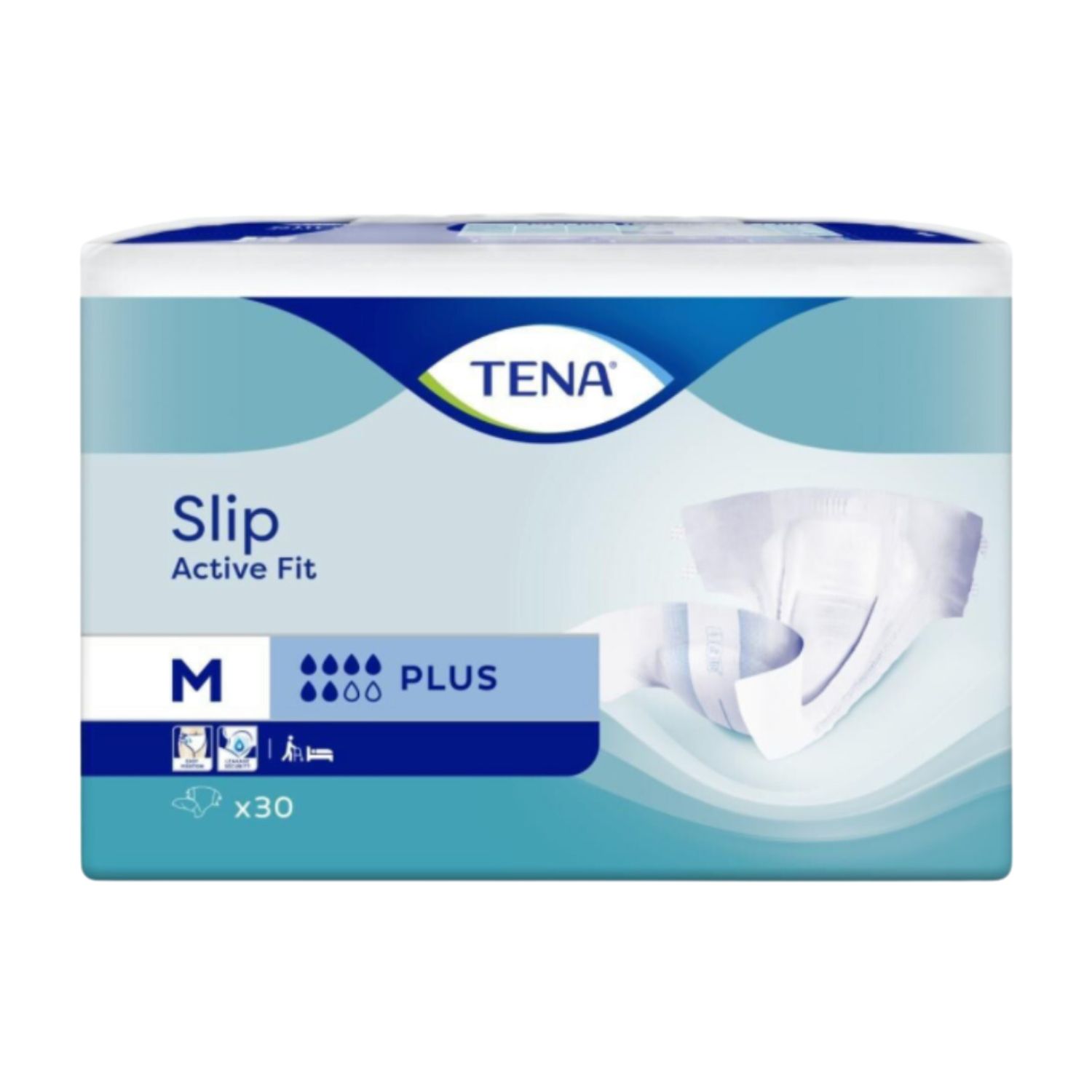 Verpackung mit TENA Slip Active Fit Plus. Blaue und weiße Verpackung. Größe M. 30 Stück.